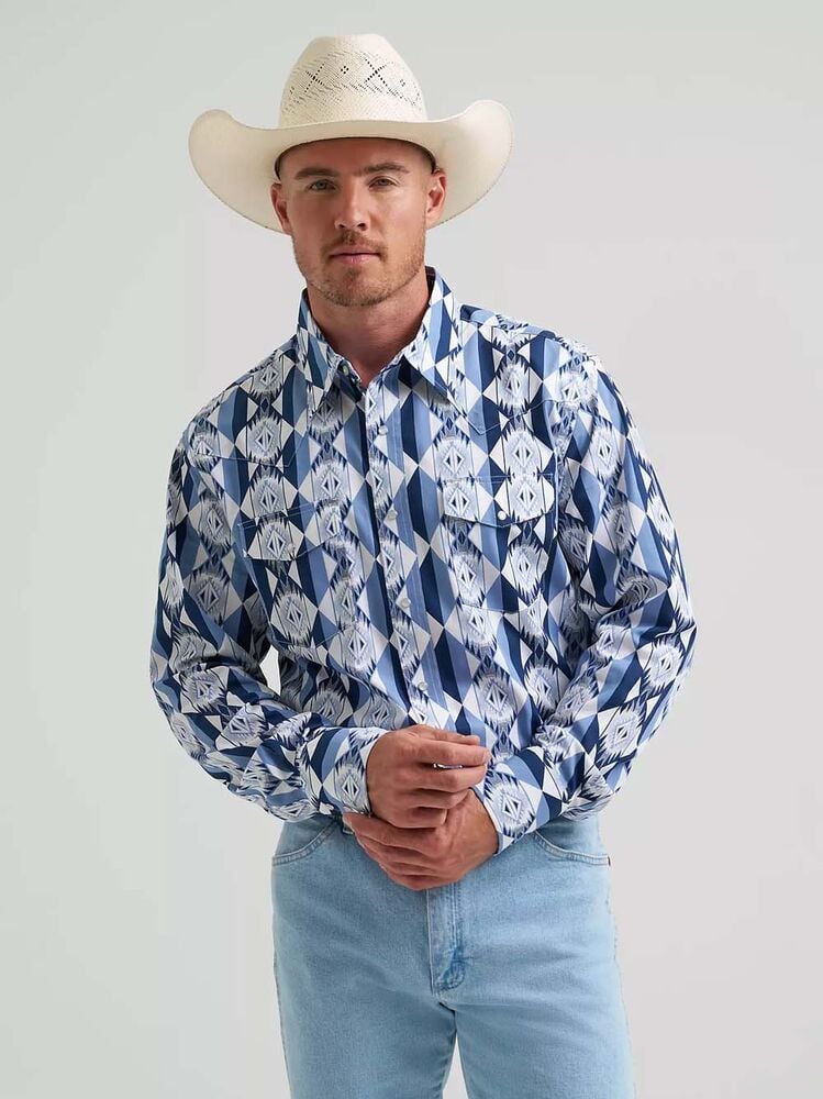 image of Men's Checotah Snap Button Long Sleeve Shirt, Blue Diamondback