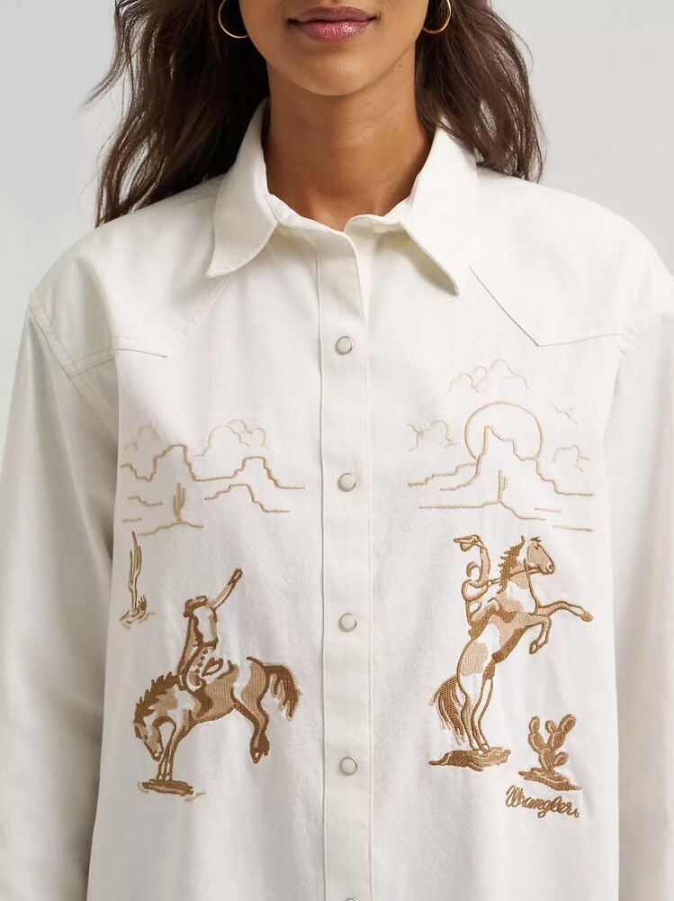 image of Women's Embroidered Snap Button Long Sleeve Shirt, Cream