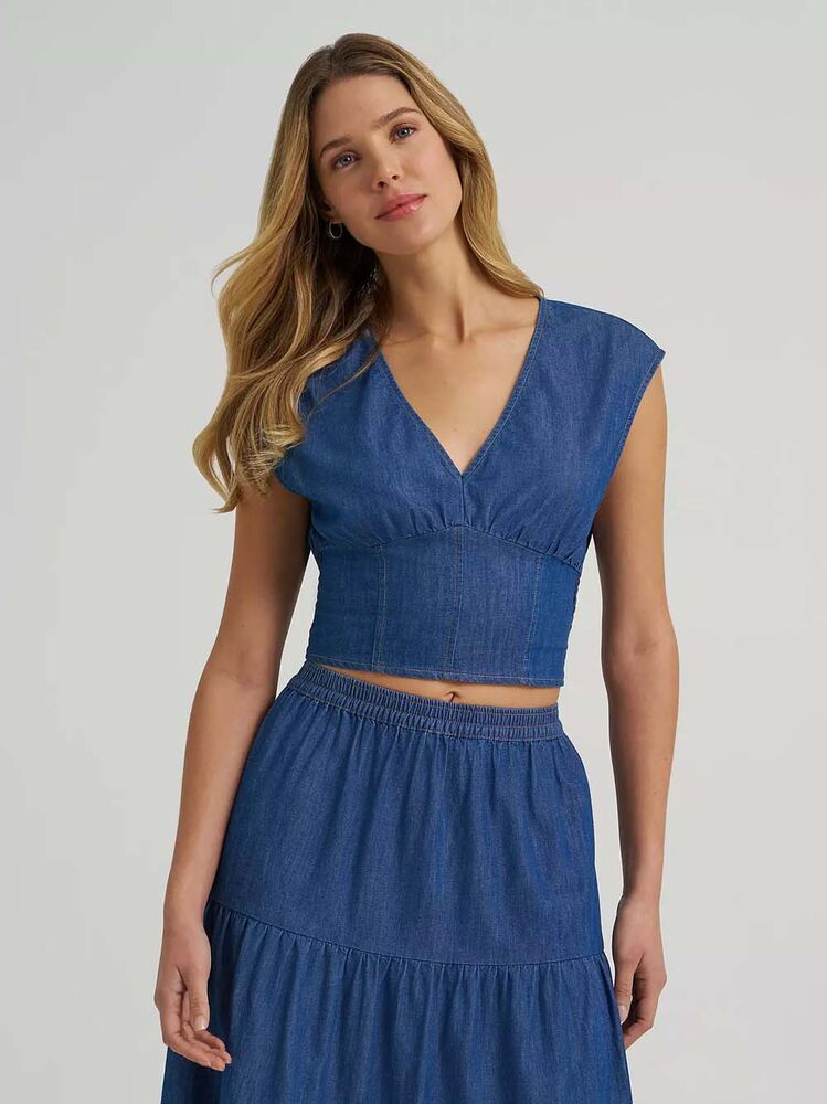 image of Women's Smocked Crop Blouse, Denim