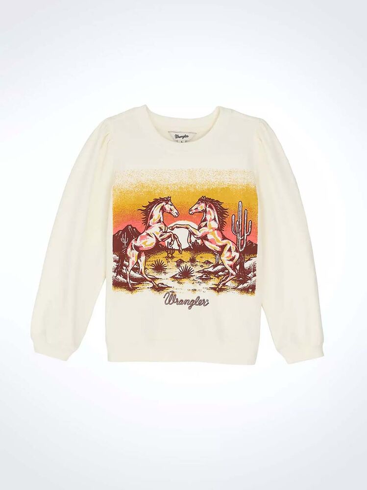 image of Girl's Graphic Puff Sleeve Pullover, Horse White