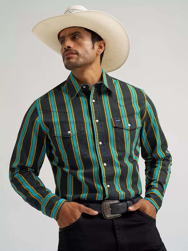 image of Men's Brushpopper Snap Button Long Sleeve Shirt, Teal Pop