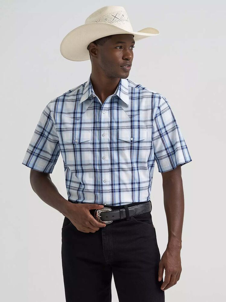 image of Men's Wrinkle Resist Western Snap Button Short Sleeve Shirt, Blue Prep