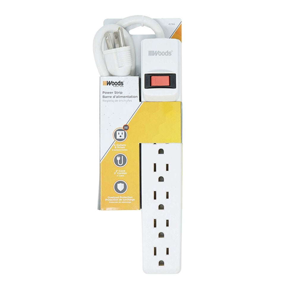 image of White Surge Protector with Overload Safety Feature, 6 Outlets, 2 Foot Cord
