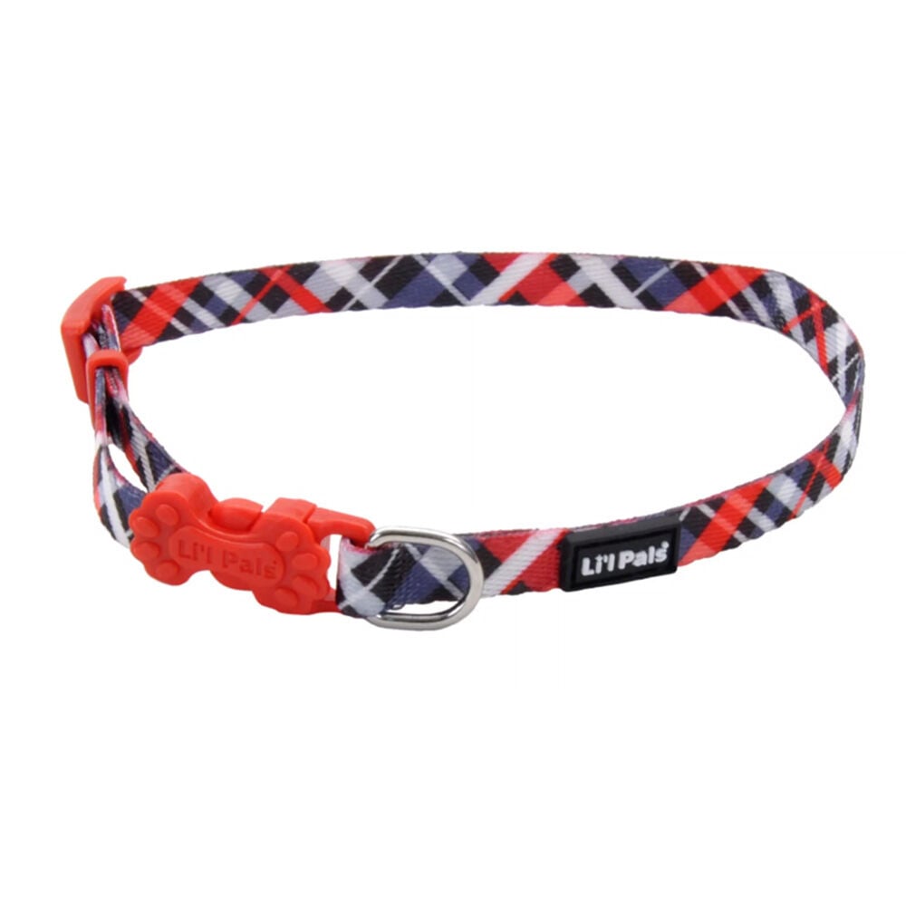 image of Adjustable Patterned Pet Collar - Red and Gray Plaid, S