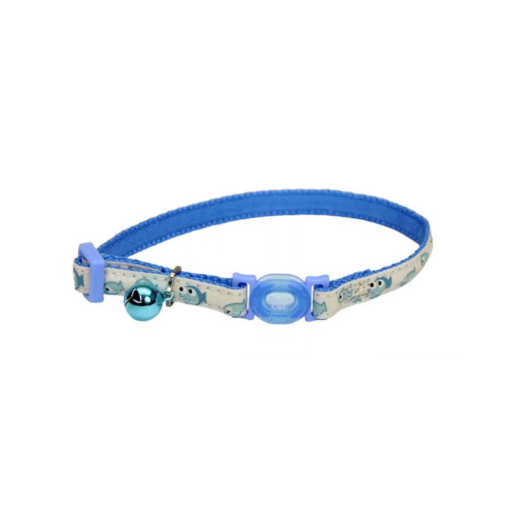 image of Safe Cat Glow in the Dark Adjustable Breakaway Collar - Glowing Blue Fish, S