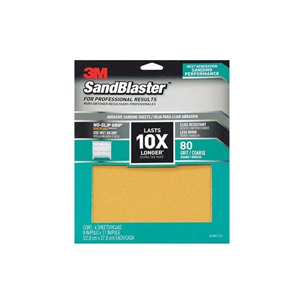 image of 9-Inch X 11-Inch SandBlaster 80 Grit Sandpaper With NO-SLIP GRIP Backing 4 Count