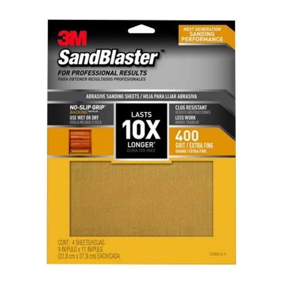 image of 9-Inch X 11-Inch SandBlaster 400 Grit Sandpaper With NO-SLIP GRIP Backing 4 Count