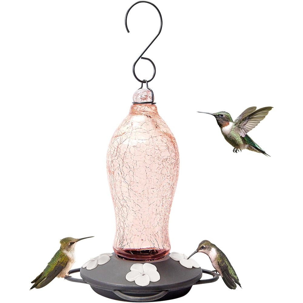 image of Blush Crackle Artisan Glass Gravity Hummingbird Feeder