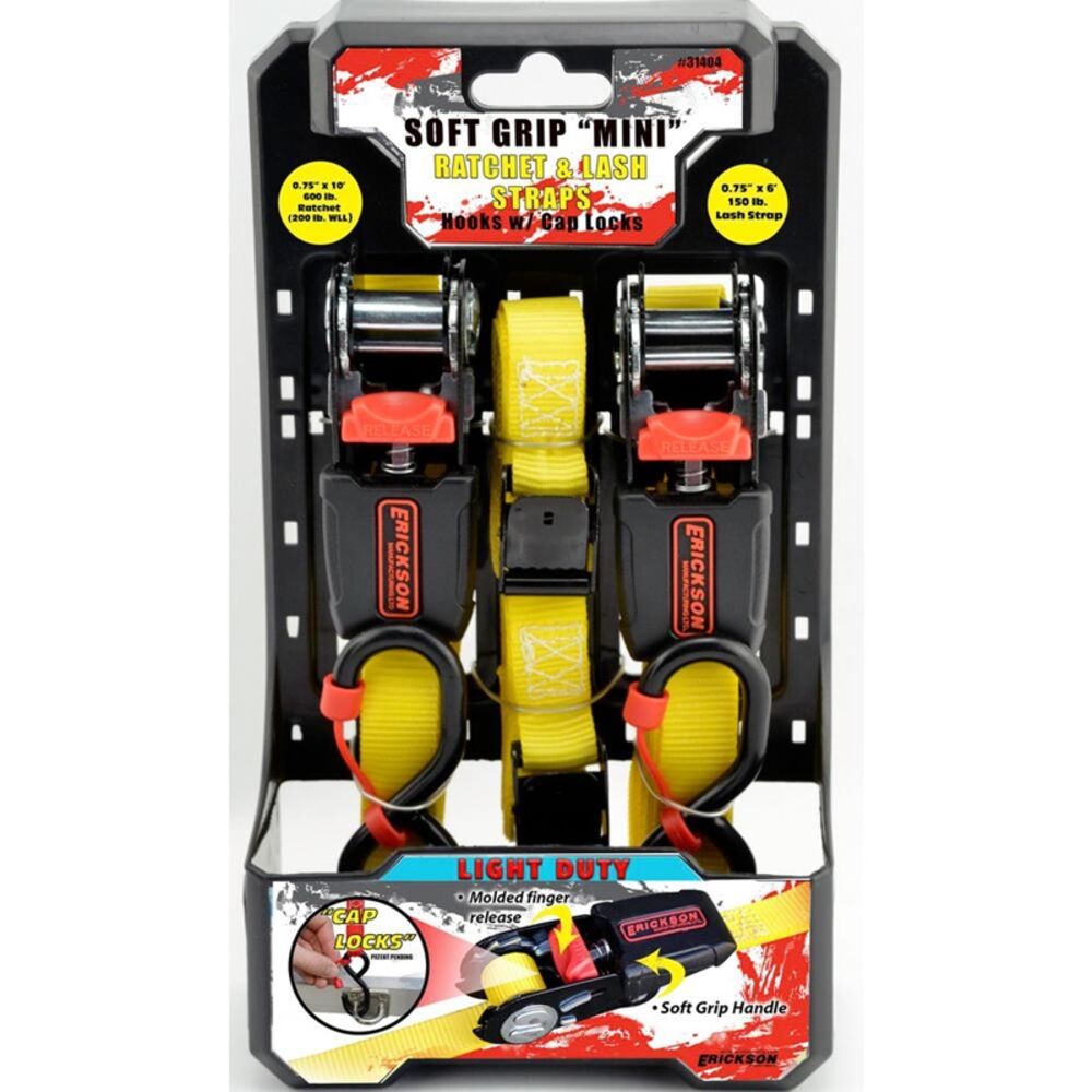 image of Soft Grip Mini Ratchet & Lash Straps with Cap Locks 3/4-in X 6-ft,600 LB. Break Strength