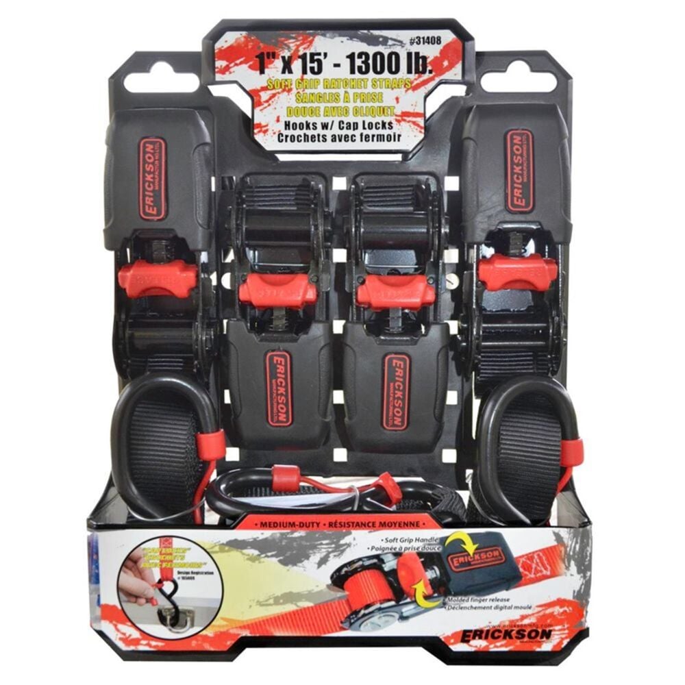 image of 1-in x 15-ft Soft Grip Ratchet Straps with Cap Locks, 4-Pack, 1,300 LB. Break Strength