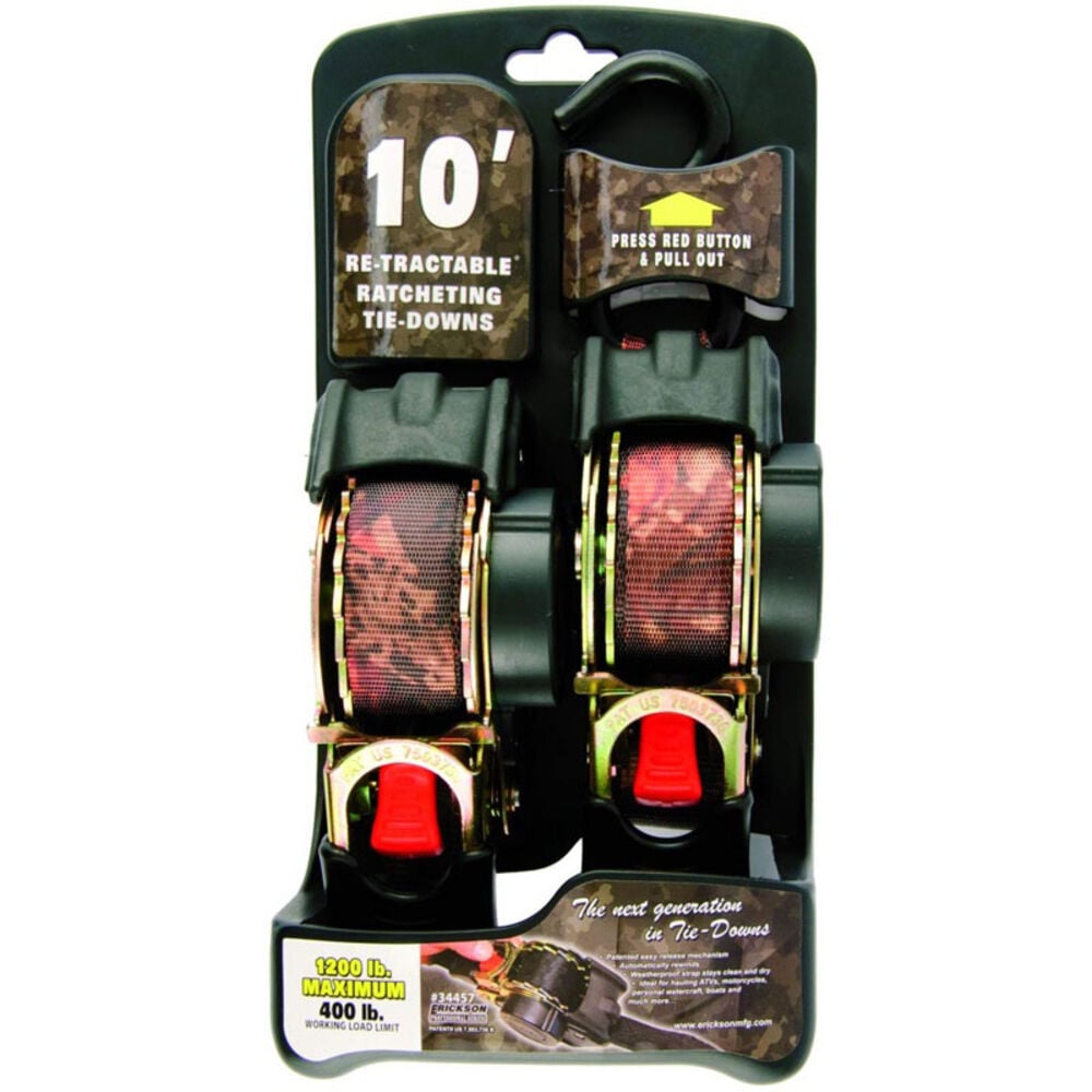 image of Cam Re-Tractable Tie-Down Strap 1-in X 10-ft, 2-Pack, 1,200-lbBreak Strength