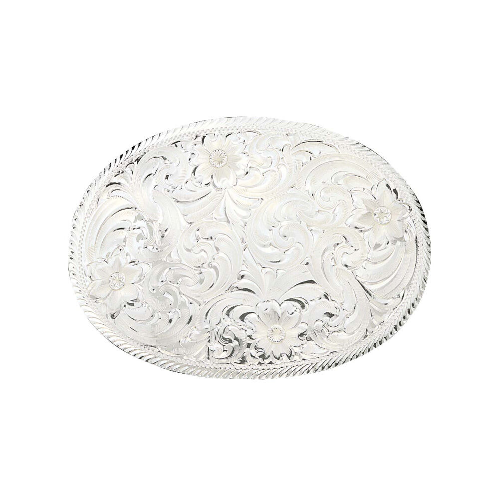 image of Engraved Oval Western Belt Buckle with Etched Trim Silver