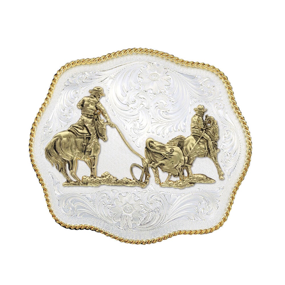image of Scalloped Western Belt Buckle with Team Ropers