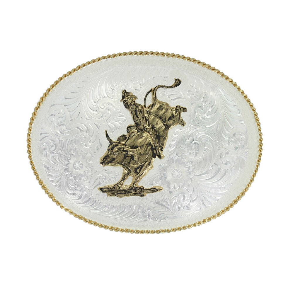 image of Engraved Western Belt Buckle with Bull Rider Silver