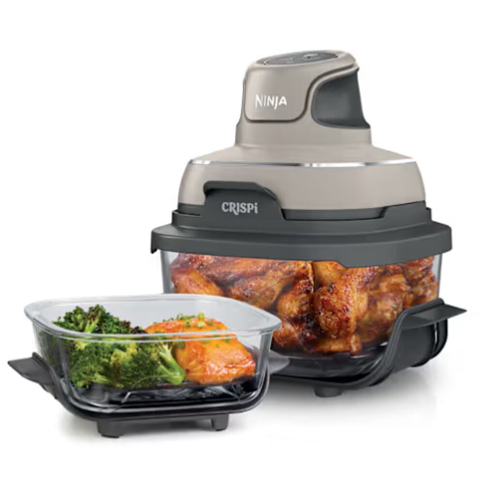 image of 4-in-1 Crispi Portable Glass Air Fryer Cooking System with 4 qt and 6 c TempWare Glass Containers with Storage Lids