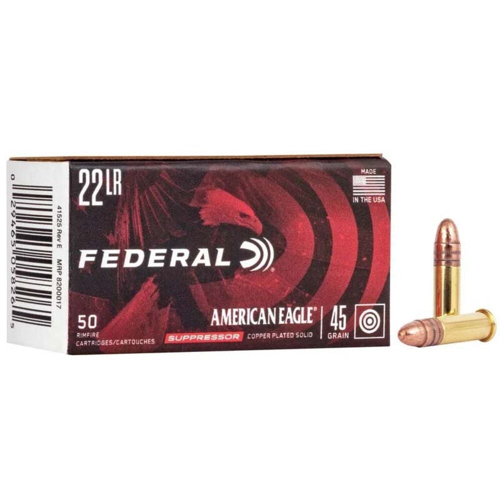 image of American Eagle Suppressor .22 LR 45 Grain Rimfire Ammunition, 50 rounds