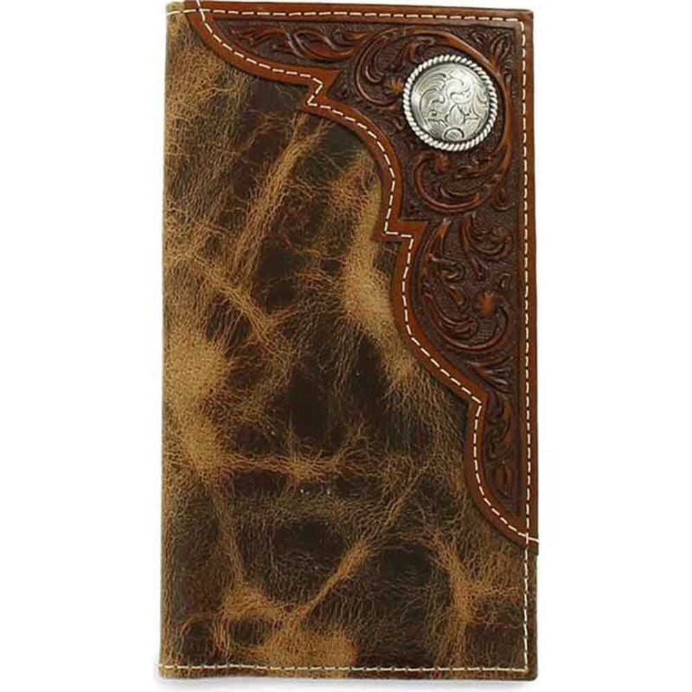 image of Distressed Brown with Corner Tooled Overlay and Circle Concho Rodeo Wallet