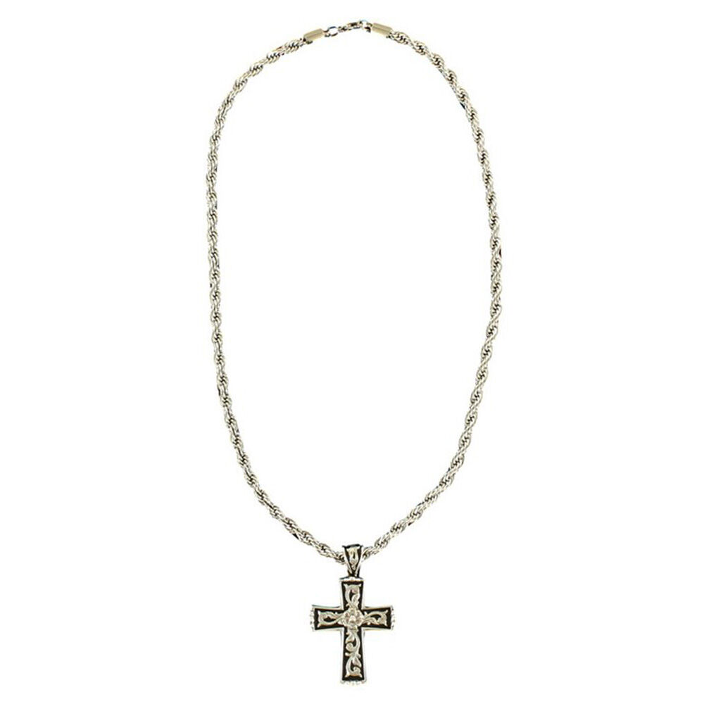 image of Mens Silver and Black Floral Scroll Cross Necklace