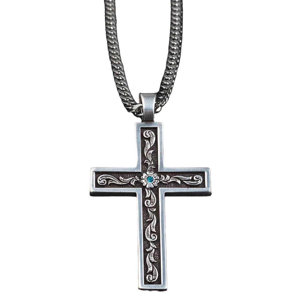 image of Men's Cross Aqua Stone Pendant Necklace