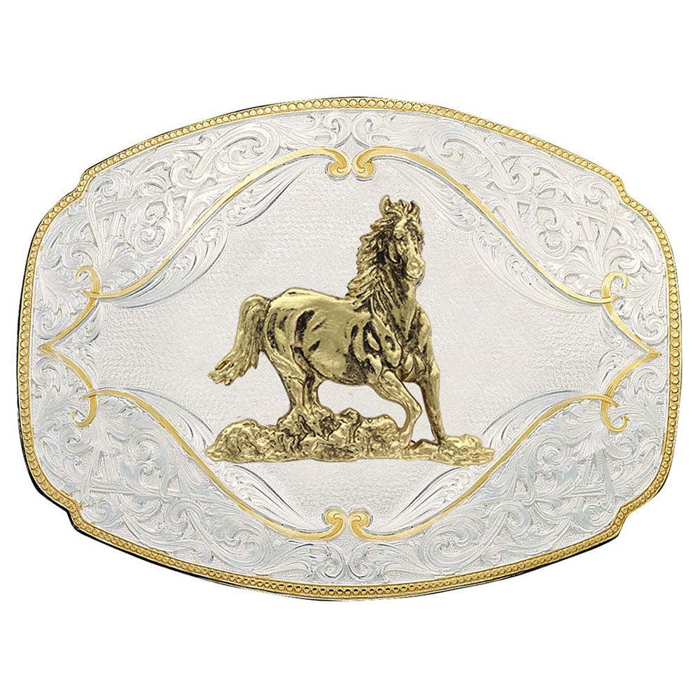 image of Gold Flourish Western Belt Buckle with Galloping Horse