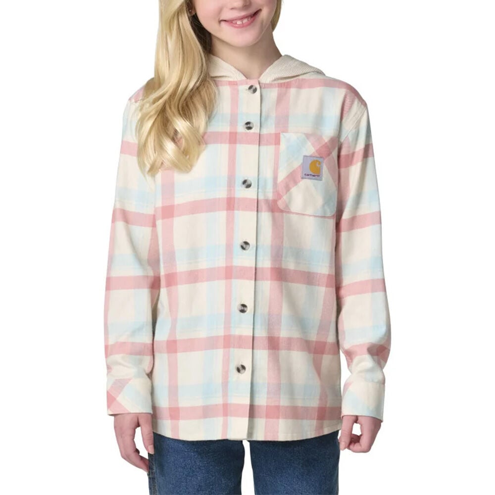 image of Girls' Long-Sleeve Hooded Pocket Flannel Shirt