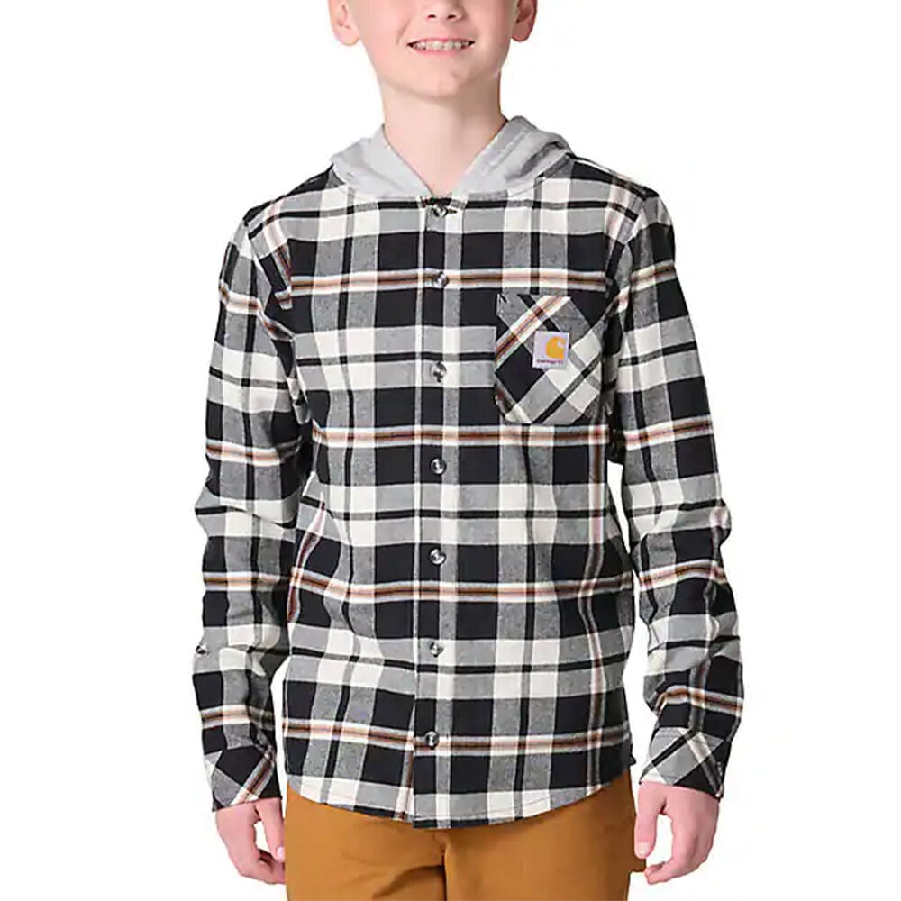 image of Boys' Long Sleeve Flannel Button-Front Hooded Shirt