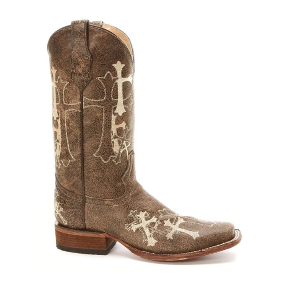 image of Women's Brown/Beige Side Cross Embroidery Square Toe Boot