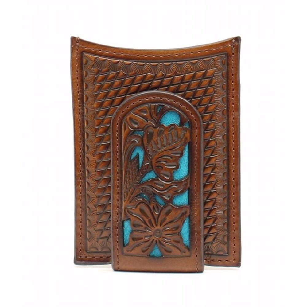 image of Brown Embossed with Turquoise Inlay Money Clip and Wallet