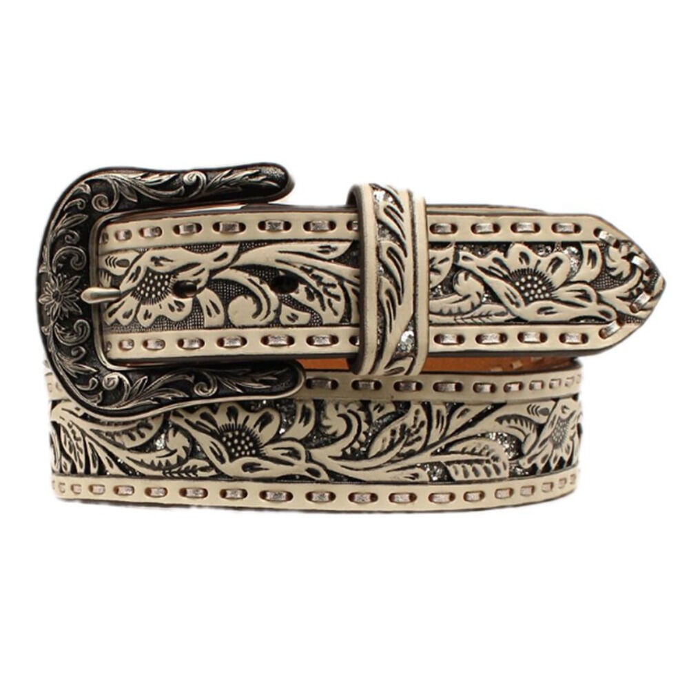 image of Women's Belt- White Floral Embossed with Silver Glitter Underlay