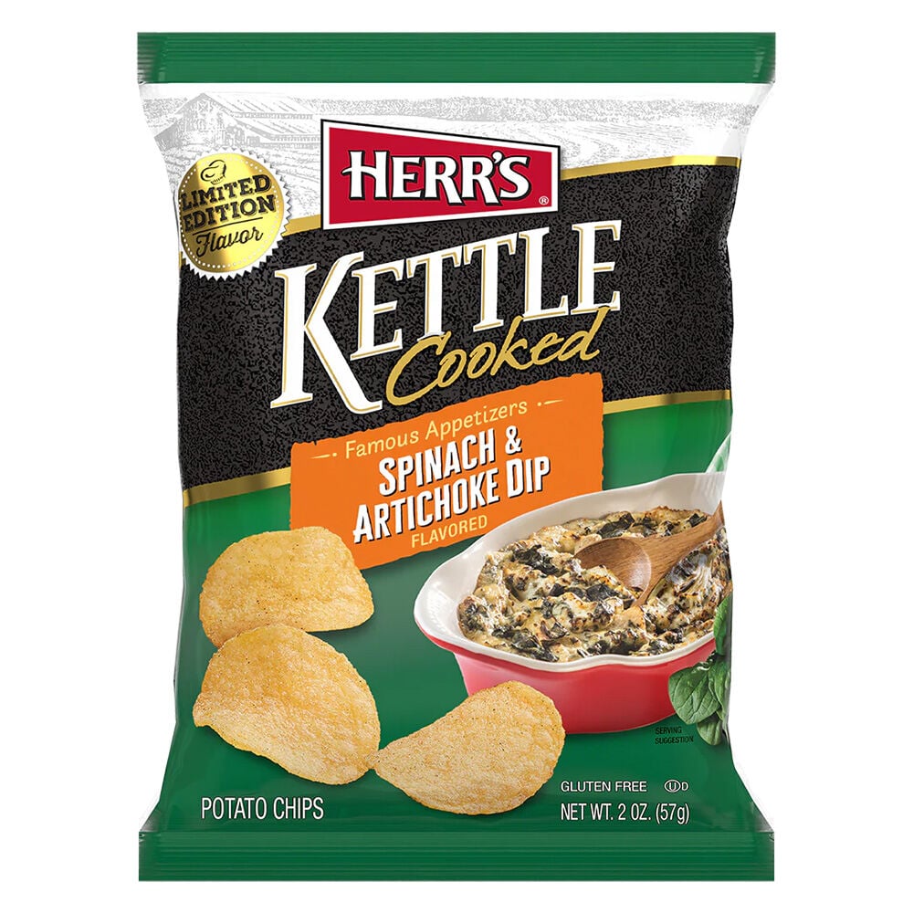 image of Famous Appetizers Spinach and Artichoke Dip Flavored Kettle Cooked Chips, 6.5 oz