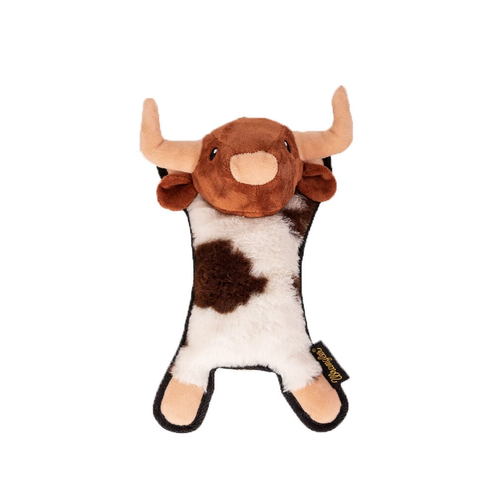 image of Cow Flattie Plush Toy with Tennis Ball and Rope Inside