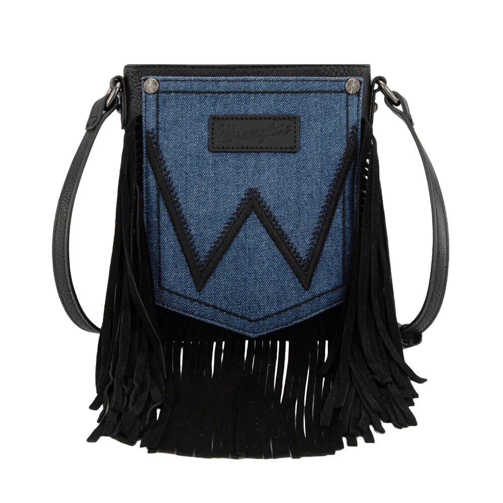 image of Women's Leather Fringe Denim Pocket Crossbody Bag