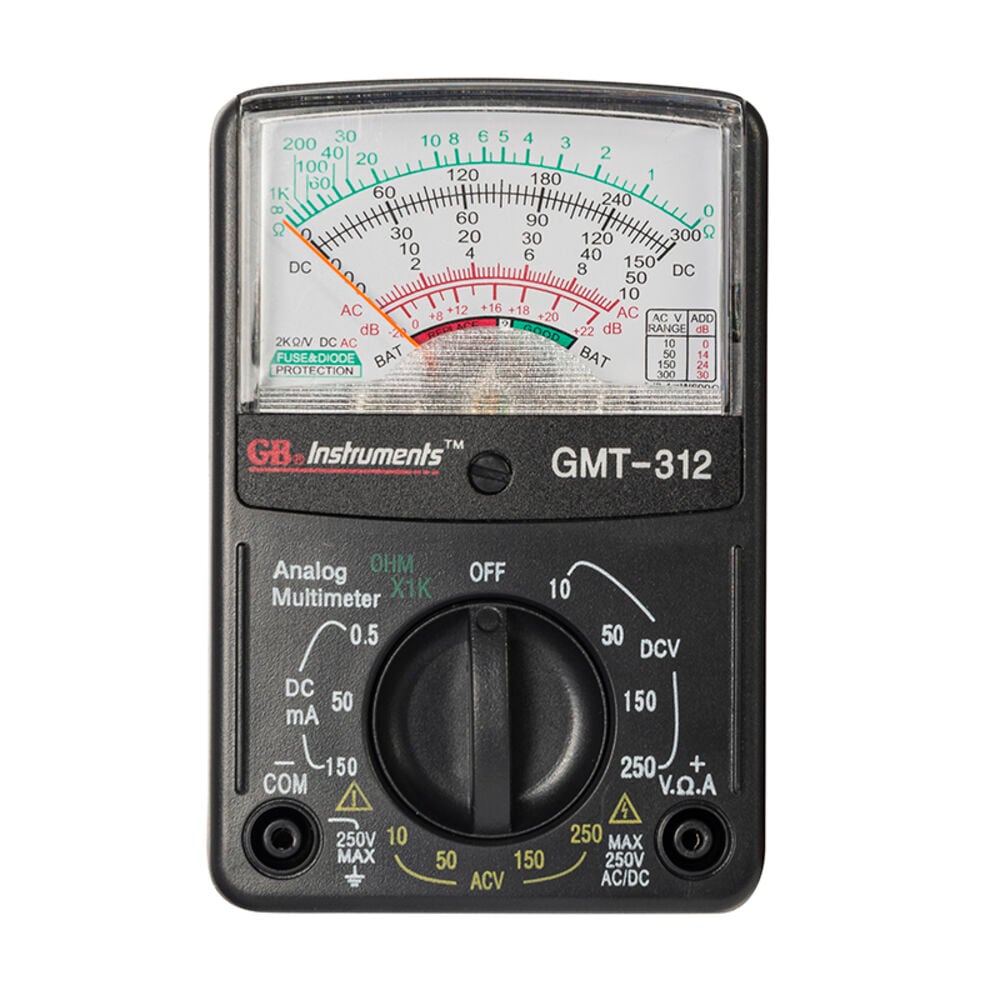 image of GMT-312 Analog Multimeter, 5 Function / 12 Range, 300V AC/DC, for AC / DC Voltage & Current, Resistance, Continuity & Batteries
