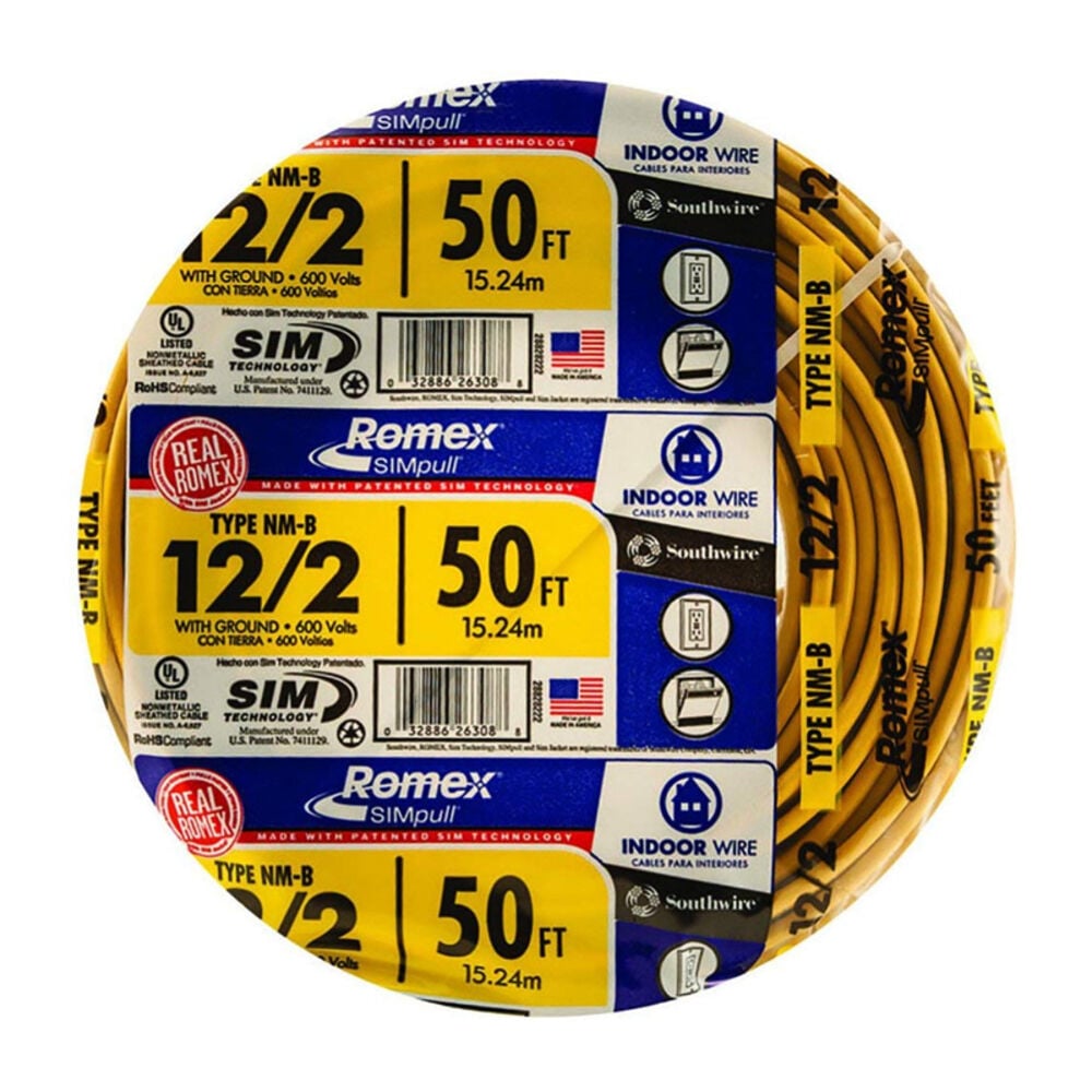 image of 28828222 50-ft 12/2 with ground Romex brand SIMpull residential indoor electrical wire type NM-B, Yellow