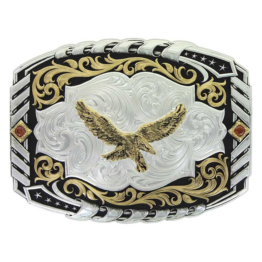 image of Two Tone Cantle Roll Buckle with Soaring Eagle
