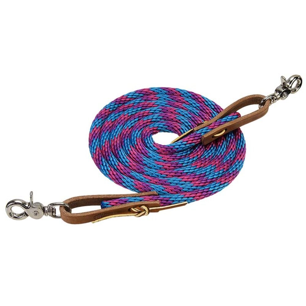 image of Poly Roper Reins with Scissor Snap, 5/8-inch x 8-foot, Hurricane Blue/Pink Fusion/Purple Jazz
