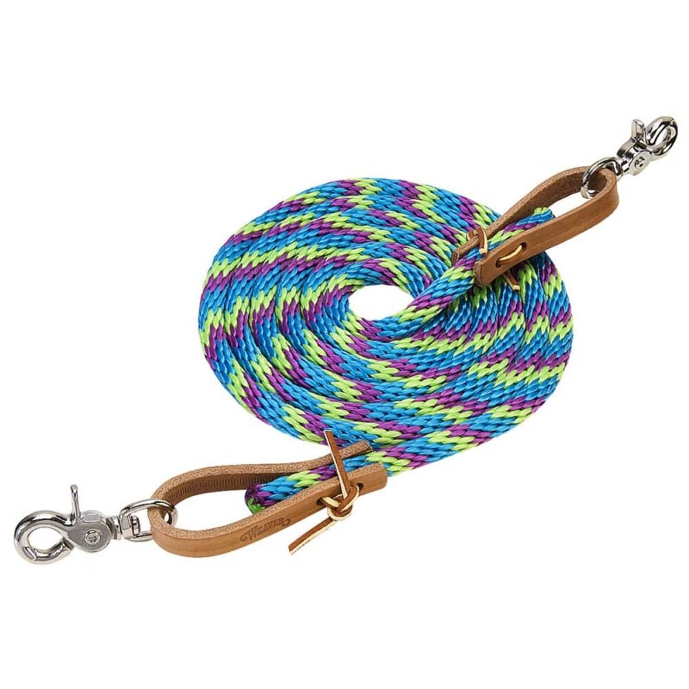 image of Poly Roper Reins with Scissor Snap, 3/8-inch x 8-foot, Lime Zest/Hurricane Blue/Purple Jazz