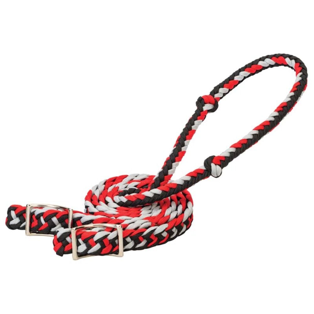 image of Braided Barrel Rein- Black/Red/Gray
