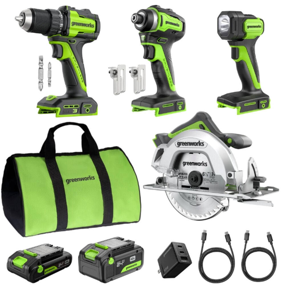 image of 24V Brushless Power Tool Combo Kit with 4Ah and 2Ah USB-C Batteries and 65W USB-C Fast Charger