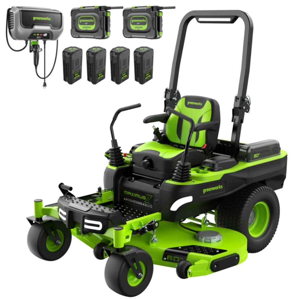 image of 80V 60 in MaximusZ Zero Turn Lawn Mower with Four 8Ah Batteries, Two 16Ah Batteries and 1.5kW Wall Charger