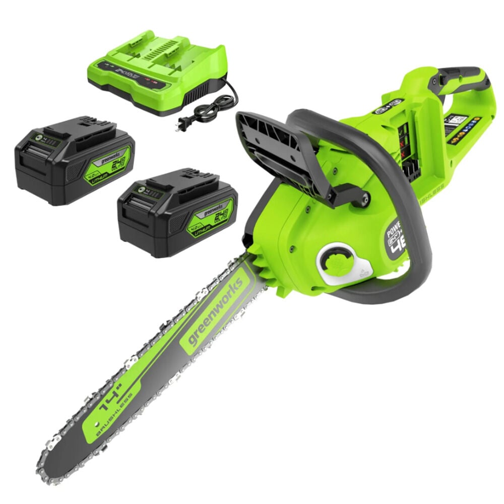 image of 48V 14 in Cordless Battery Chainsaw with Two Two 4 Ah USB Batteries and Dual Port Charger