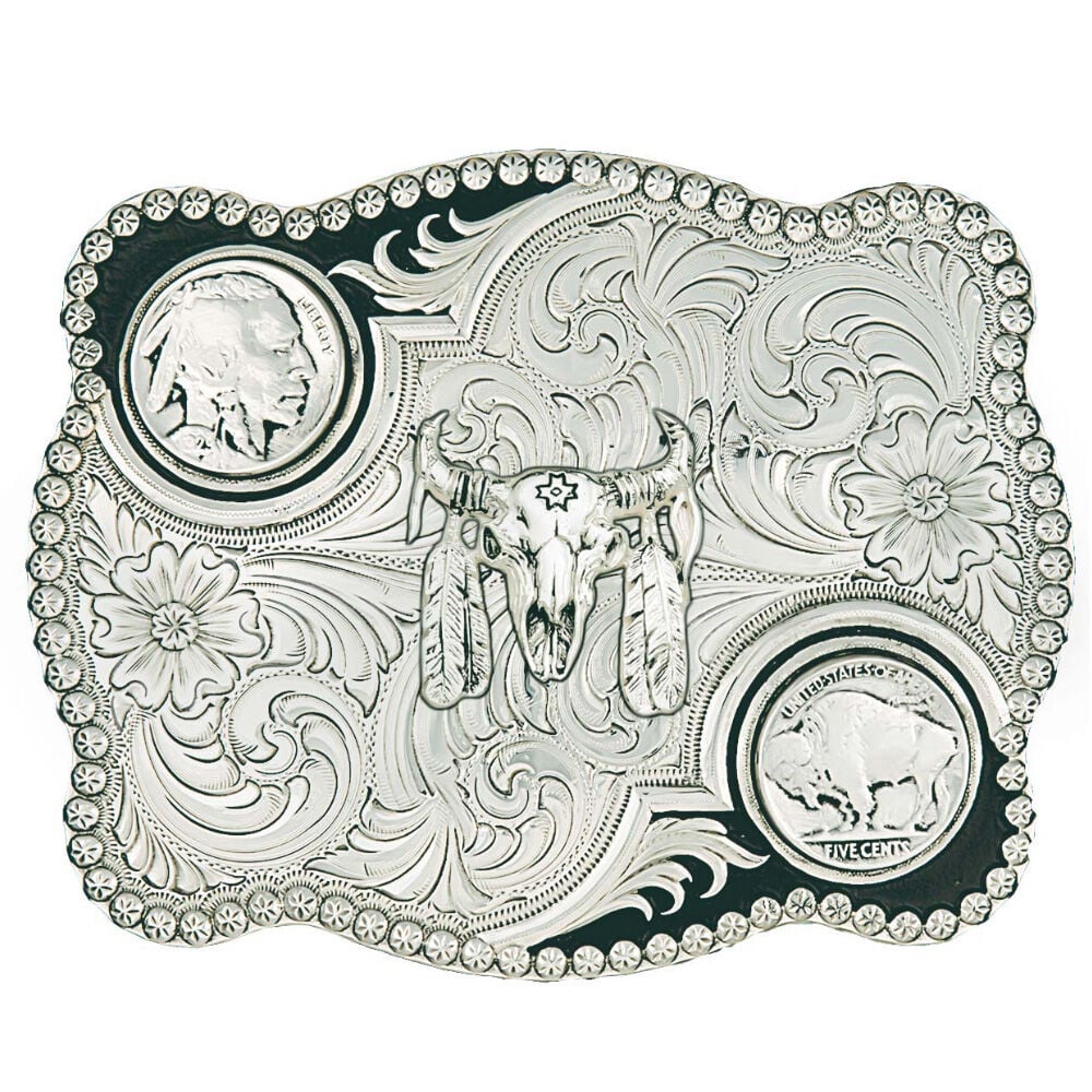 image of Antiqued Buffalo Nickel Flourish Buckle with Buffalo Skull
