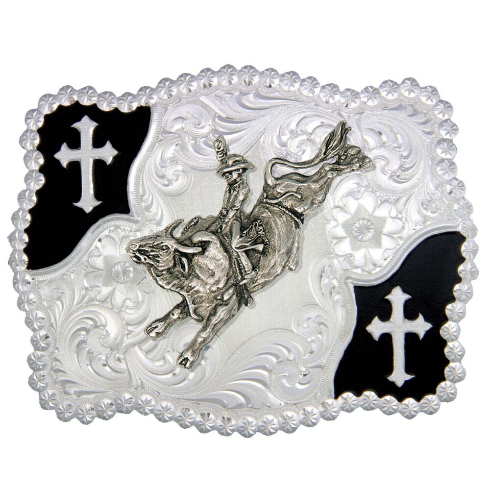 image of Christian Flourish Scallop Shape Belt Buckle with Bullrider