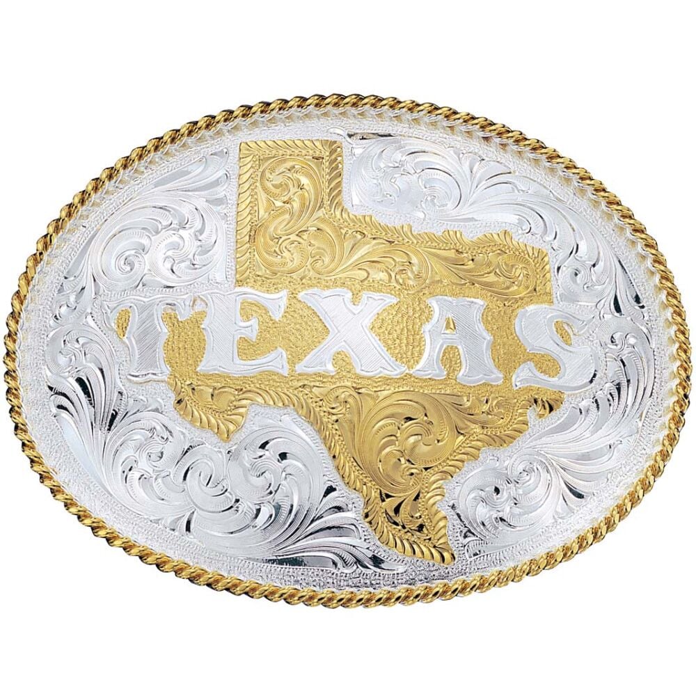 image of Engraved Western Belt Buckle with Etched State of Texas Silver