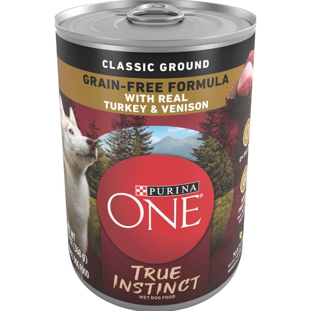 image of Purina One True Instinct Wet Dog Food- Grain Free, Ground, Real Turkey and Venison, 13 oz