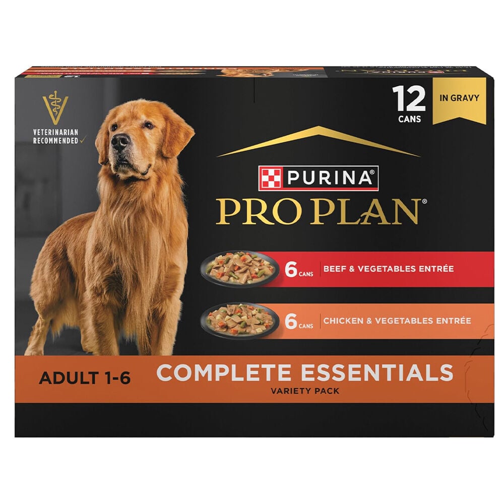 image of Purina Plan Wet Dog Food- Complete Essentials Chicken and Vegetables and Beef and Vegetables Variety Pack, 13 oz, 12 pk