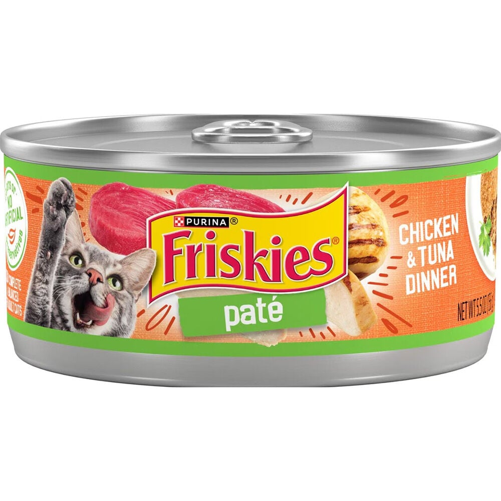 image of Friskies Wet Cat Food- Classic Pate, Chicken and Tuna Dinner, 5.5 oz