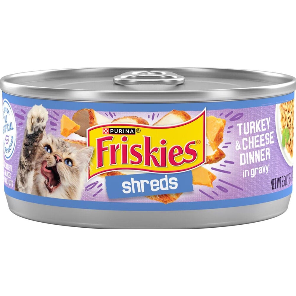 image of Friskies Wet Cat Food- Shreds, Turkey and Cheese Dinner, 5.5 oz
