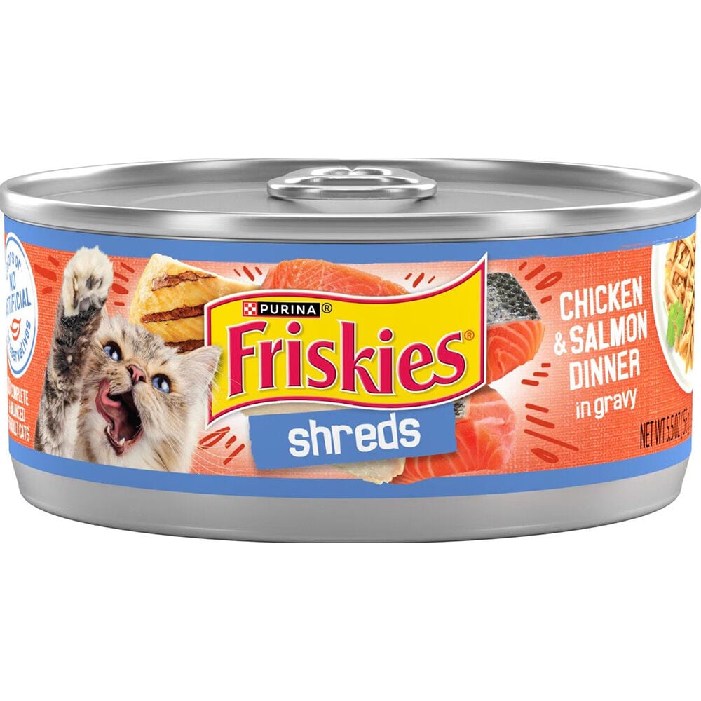 image of Friskies Wet Cat Food- Shreds, Chicken and Salmon Dinner, 5.5 oz