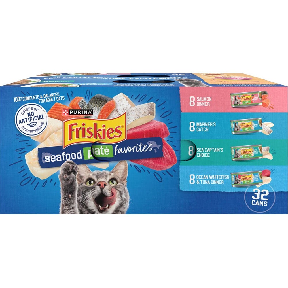 image of Friskies Wet Cat Food- Pate, Seafood Variety Pack, 5.5 oz, 32 pk